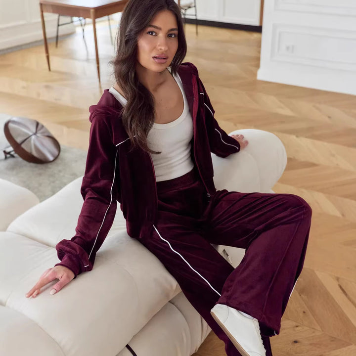 Damen Sportlicher Velours-Anzug mit moderner Kapuze und elastischem Bund Drune