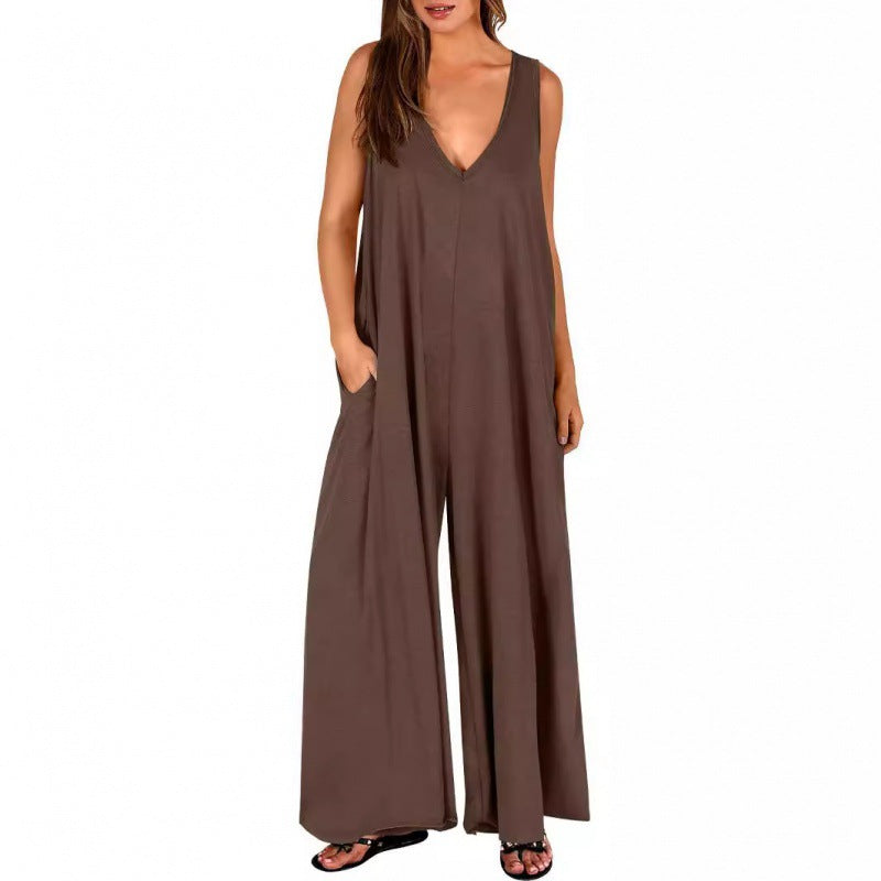 Damen Eleganter, weiter Jumpsuit mit tiefem V-Ausschnitt und praktischen Taschen Drune