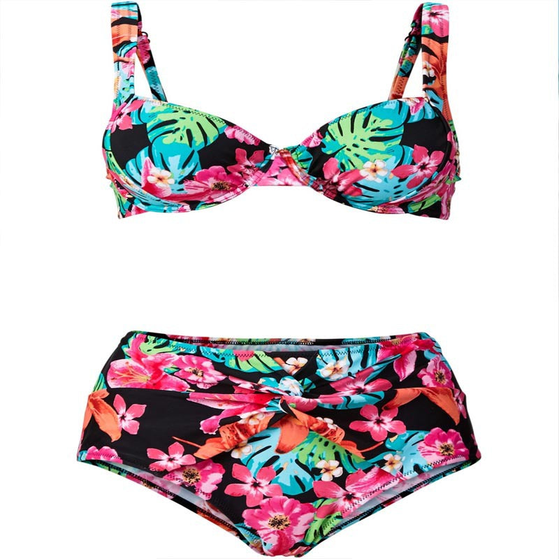 Damen Bunt floral gemusterter Bikini mit Balconette-Oberteil und hoher Taille Drune