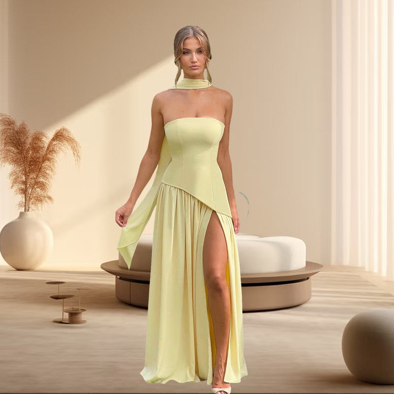Damen Raffiniertes Maxi-Kleid mit asymmetrischem Oberteil und hohem Schnitt Drune