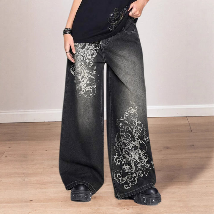 Damen Weite Denim-Hose mit auffälligem grafischem Druck Drune