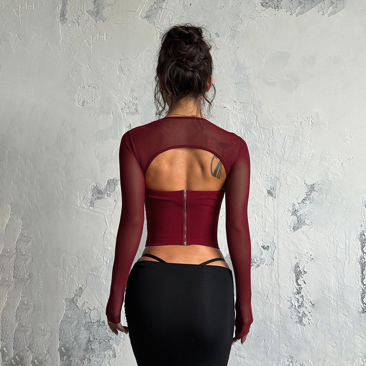 Damen figurbetontes Wickeloberteil mit transparenten Ärmeln Drune