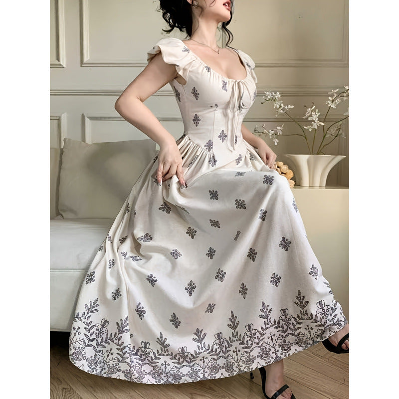 Damen Elegantes Maxikleid mit romantischem Rüschendesign und floralen Applikationen Drune