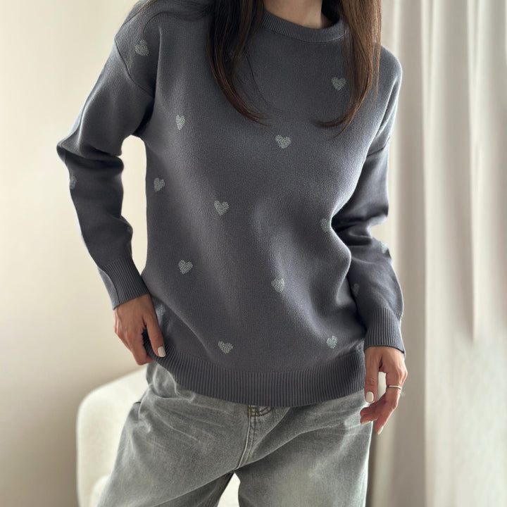 Damen herbstlicher Strickpullover mit Herzenmuster und komfortablem Schnitt Drune