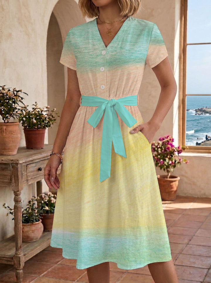 Damen Sommerliches Kleid mit taillierbarem Bindegürtel und floralem Muster Drune