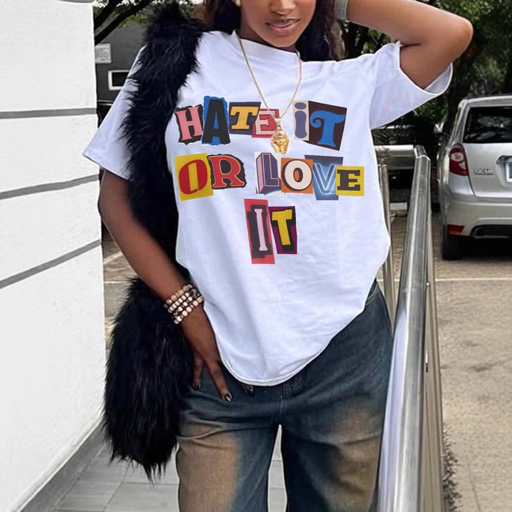 Damen T-Shirt mit auffälligem Schriftzug und lockerer Passform Drune