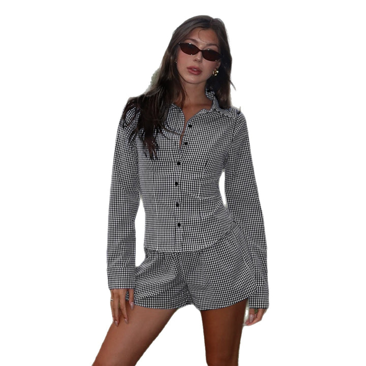 Damen nan zweiteiliges Vichy-Set aus taillierter Blusenjacke mit Wiener Nähten und Highwaist-Shorts Drune