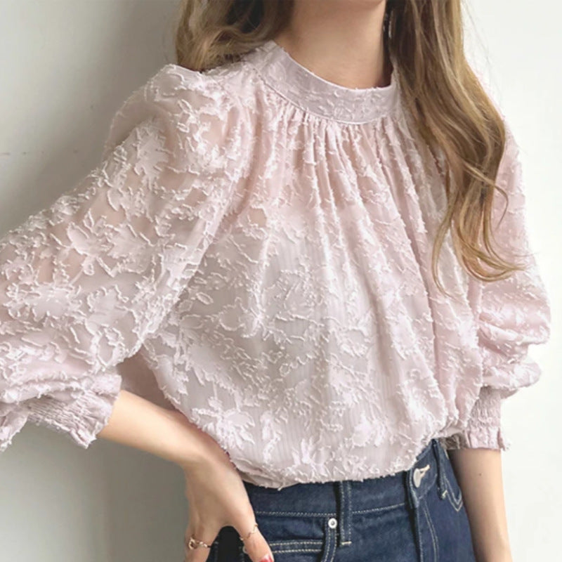 Damen elegantes Spitzenoberteil mit voluminösen Puffärmeln Drune