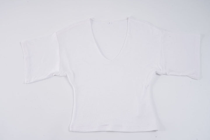 Damen lässiges Cropped T-Shirt mit V-Ausschnitt und oversized Ärmeln Drune