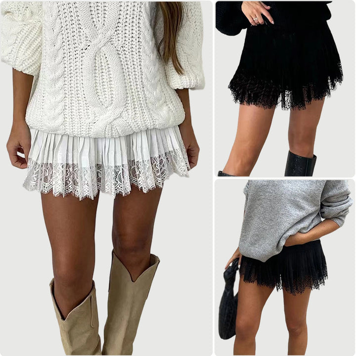 Damen Fransen-Minirock mit elegantem Spitzenabschluss und hohem Taillenbund Drune