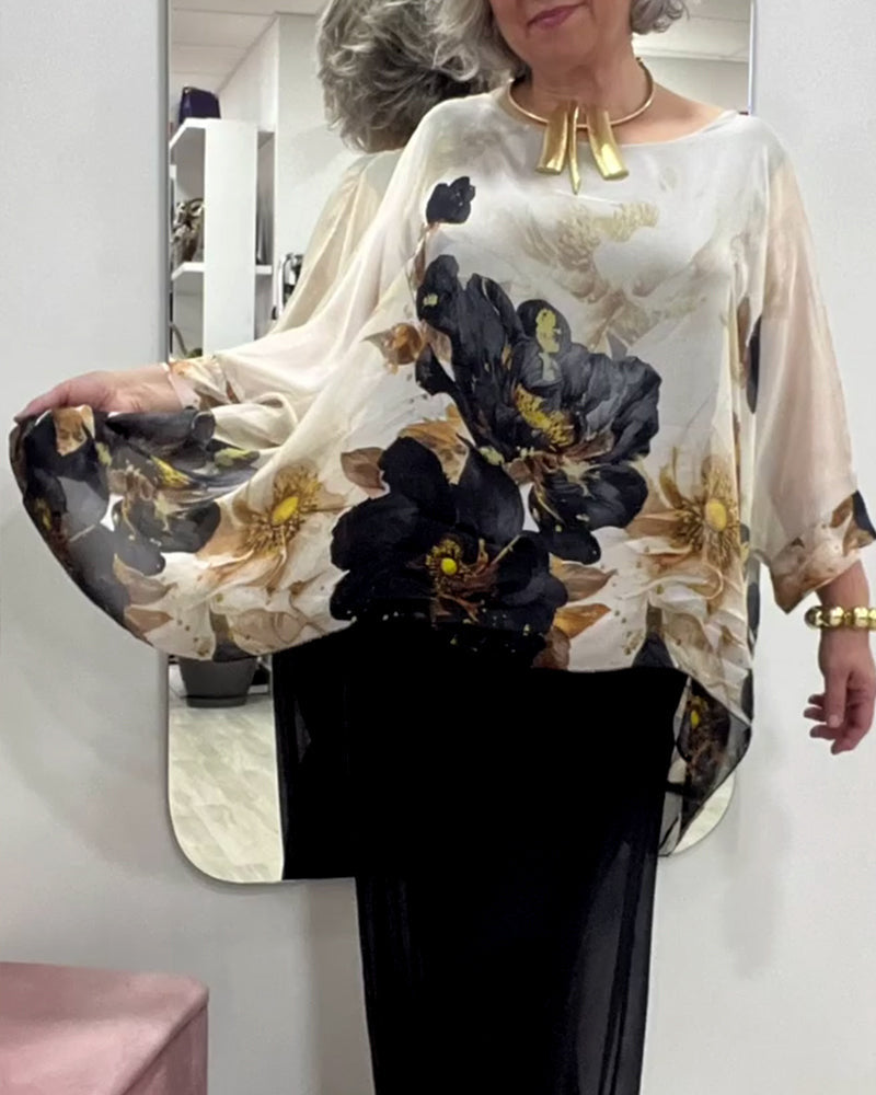 Damen nan luftige Chiffon-Tunika mit Fledermausärmeln asymmetrischem Saum und floralem Druck Drune