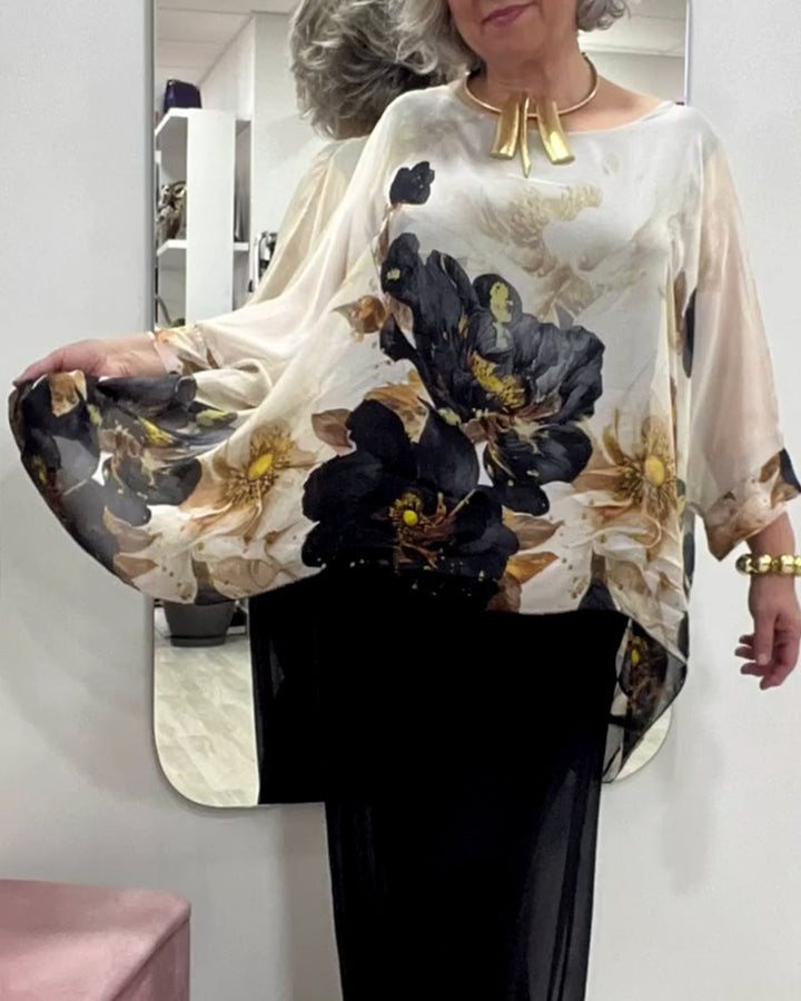 Damen nan luftige Chiffon-Tunika mit Fledermausärmeln asymmetrischem Saum und floralem Druck Drune