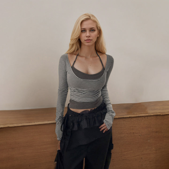 Damen nan gerafftes Layering-Cropped-Top mit integriertem Bustier und feinem Streifenstrick Drune