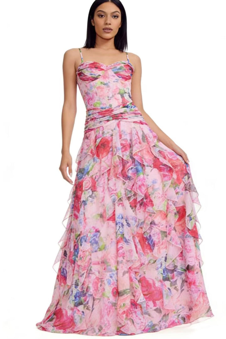 Damen Maxikleid mit floralen Rüschen und trägerlosem Oberteil Drune