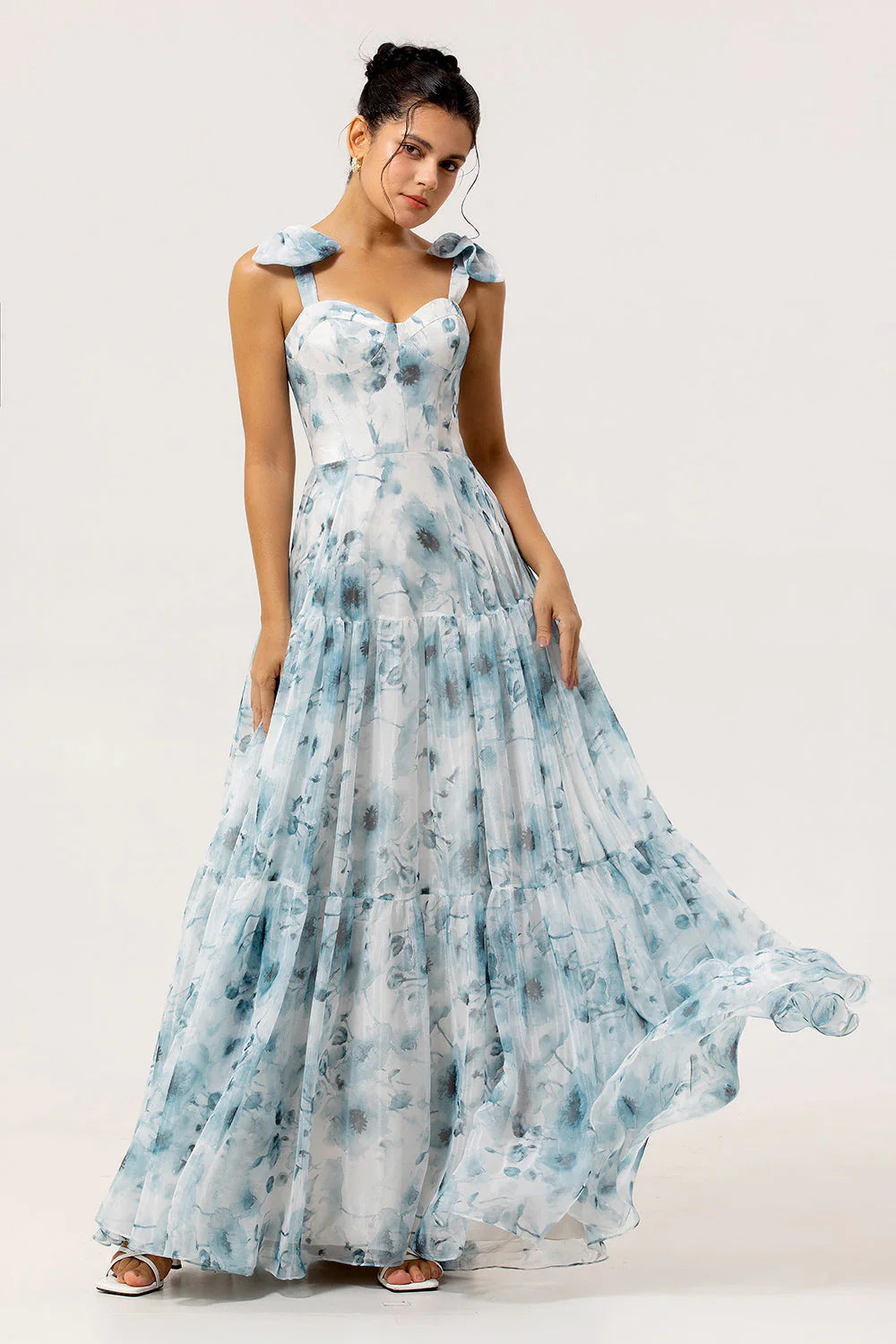 Damen Elegantes Maxikleid mit floralen Details und Rüschenträgern Drune