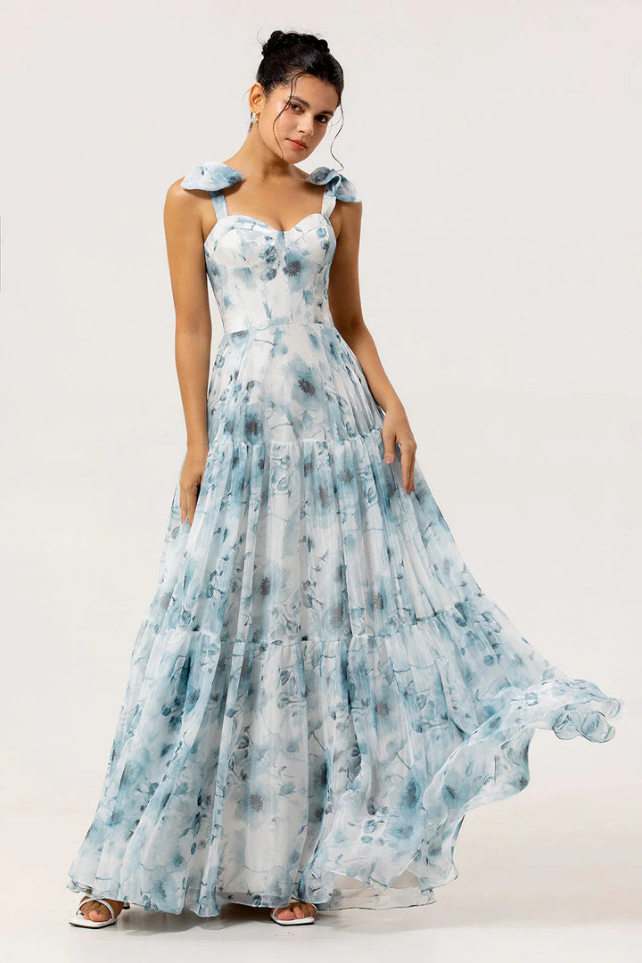 Damen Elegantes Maxikleid mit floralen Details und Rüschenträgern Drune