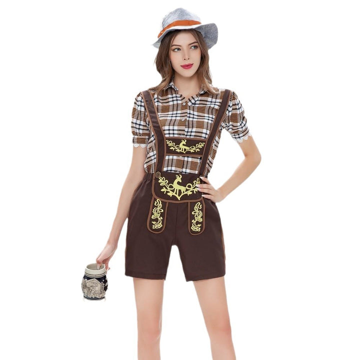 Damen nan Trachten-Shorts mit besticktem Latz, verstellbaren Trägern und karierter Bluse Drune
