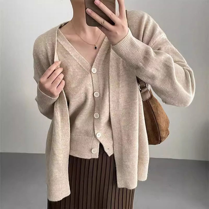 Damen Gemütliche Strickjacke mit tiefem V-Ausschnitt und strukturiertem Rippdesign Drune