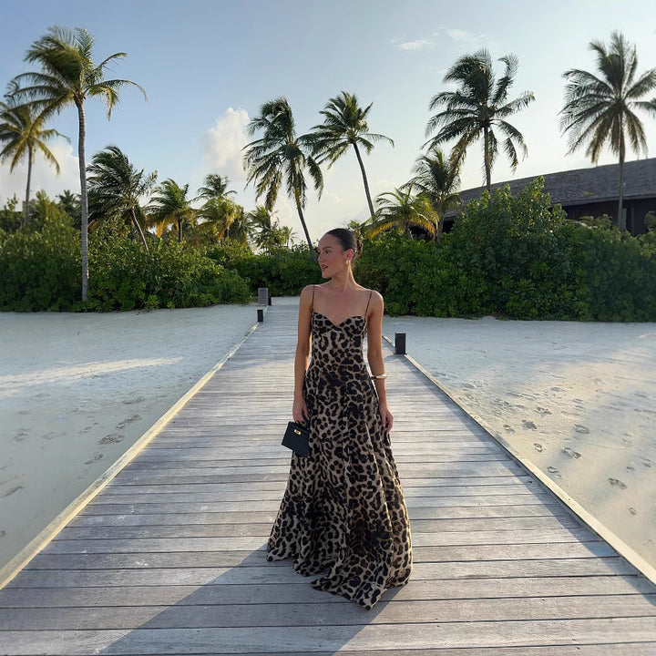 Damen Maxikleid mit V-Ausschnitt und animalischem Muster Drune