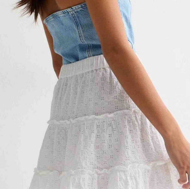 Damen Denim-Crop-Top mit romantischem Rüschenshirt Drune