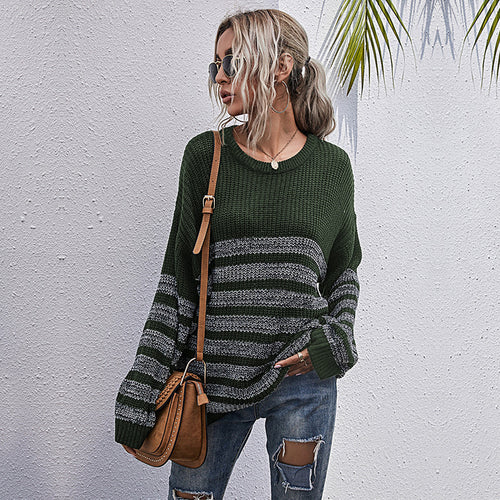 Damen lässiger Strickpullover mit modischem Streifenmuster und weitem Schnitt Drune