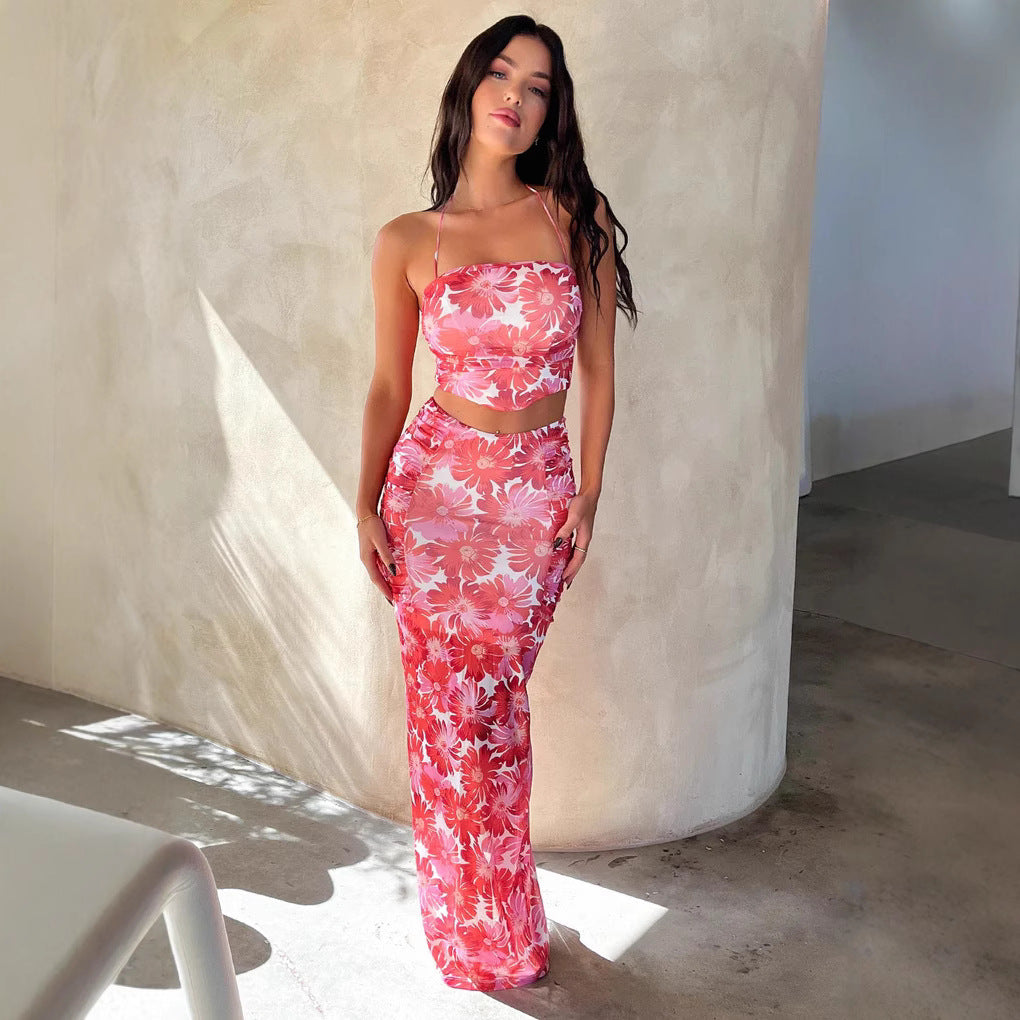 Damen Elegantes Crop-Top und Maxirock-Set mit floralem Design Drune