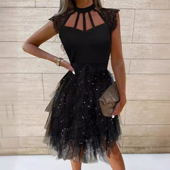 Damen Cocktailkleid mit Spitzenakzenten und glitzerndem Tüll Drune