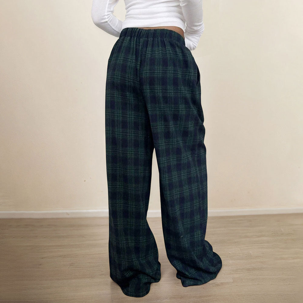 Damen lässige Karohose mit elastischem Bund und verstellbarem Kordelzug Drune