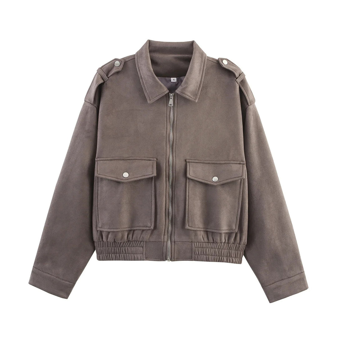 Damen modische Utility-Jacke mit aufgesetzten Taschen und hohem Kragen Drune