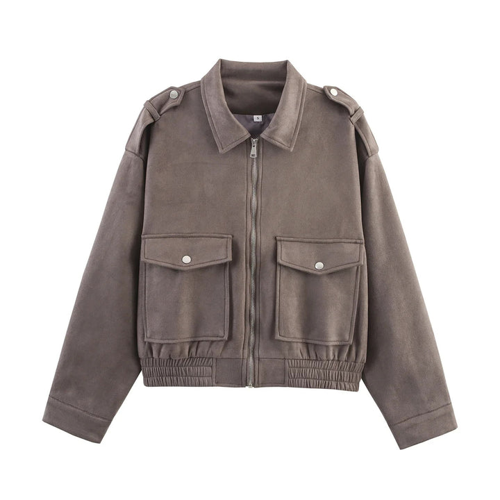 Damen modische Utility-Jacke mit aufgesetzten Taschen und hohem Kragen Drune