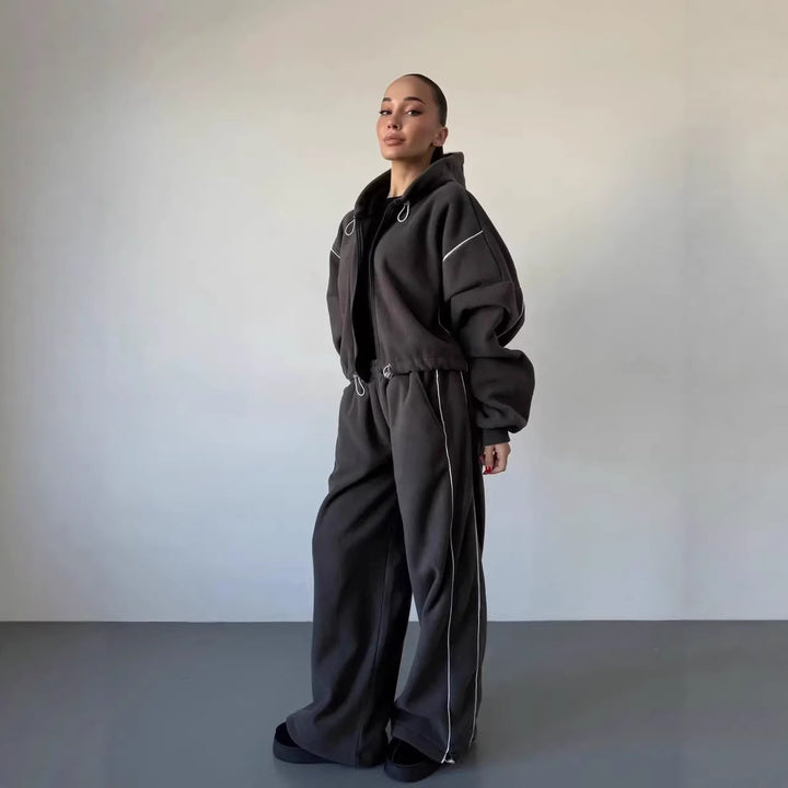 Damen lässiger Kapuzen-Sweatanzug mit weiten Hosen und seitlichem Streifen Drune