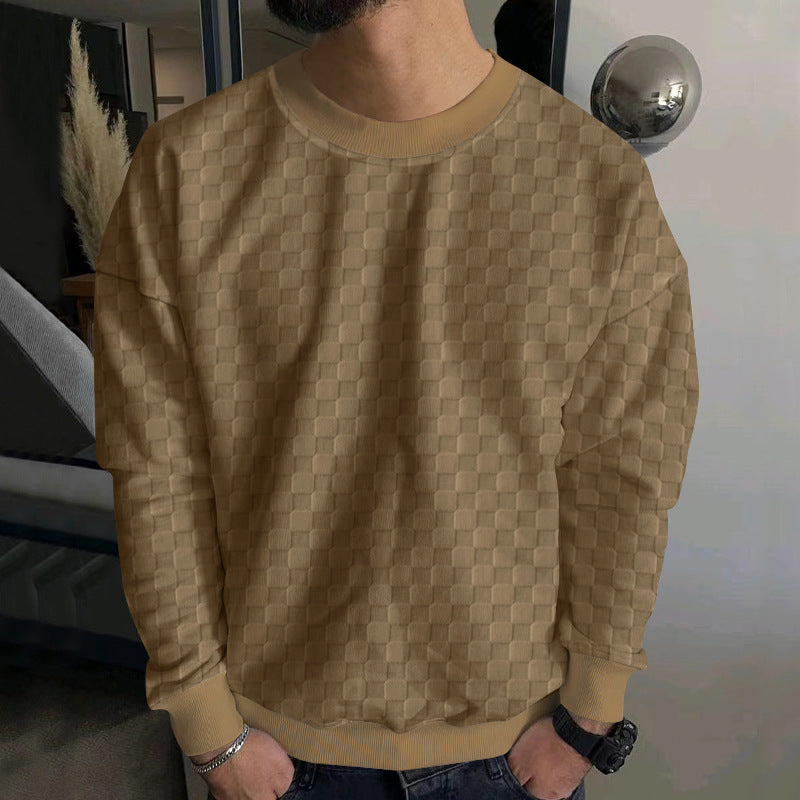 Herren nan geprägter Schachbrett-Sweatpullover mit Oversize-Passform, Rundhalsausschnitt und Rippbündchen Drune