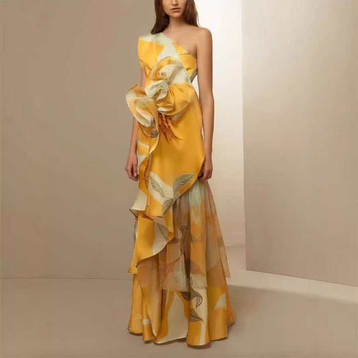 Damen Maxikleid mit asymmetrischem Schnitt und floralen Rüschenverzierungen Drune