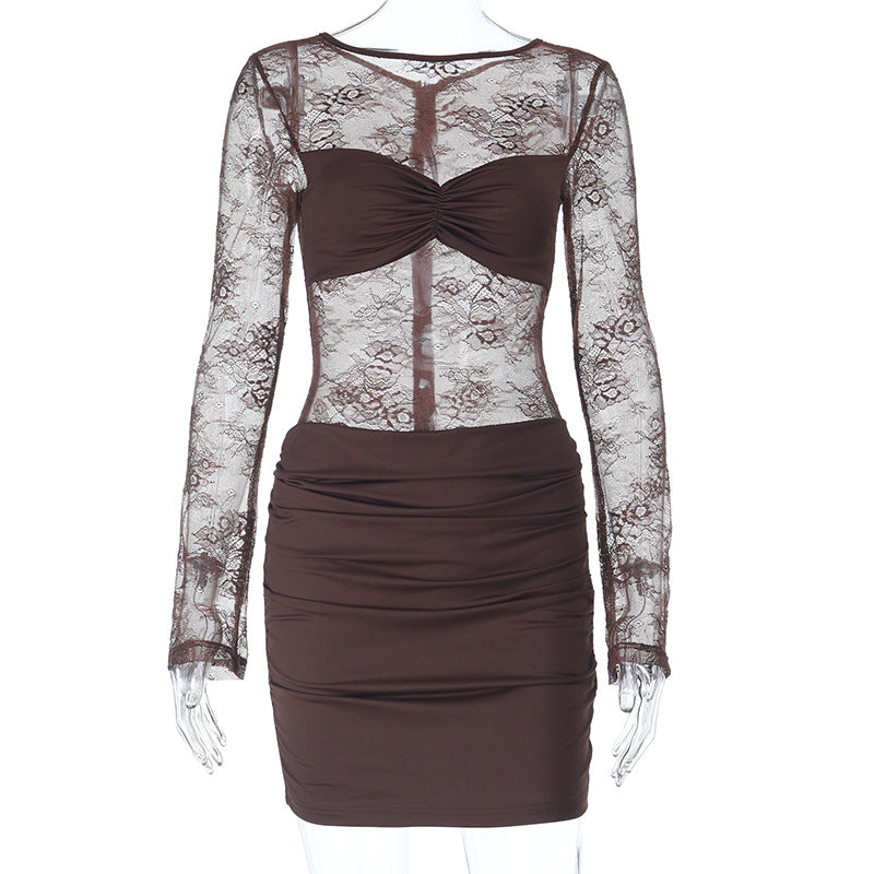 Damen Spitzenkleid mit gerafftem Rock und tiefem V-Ausschnitt Drune