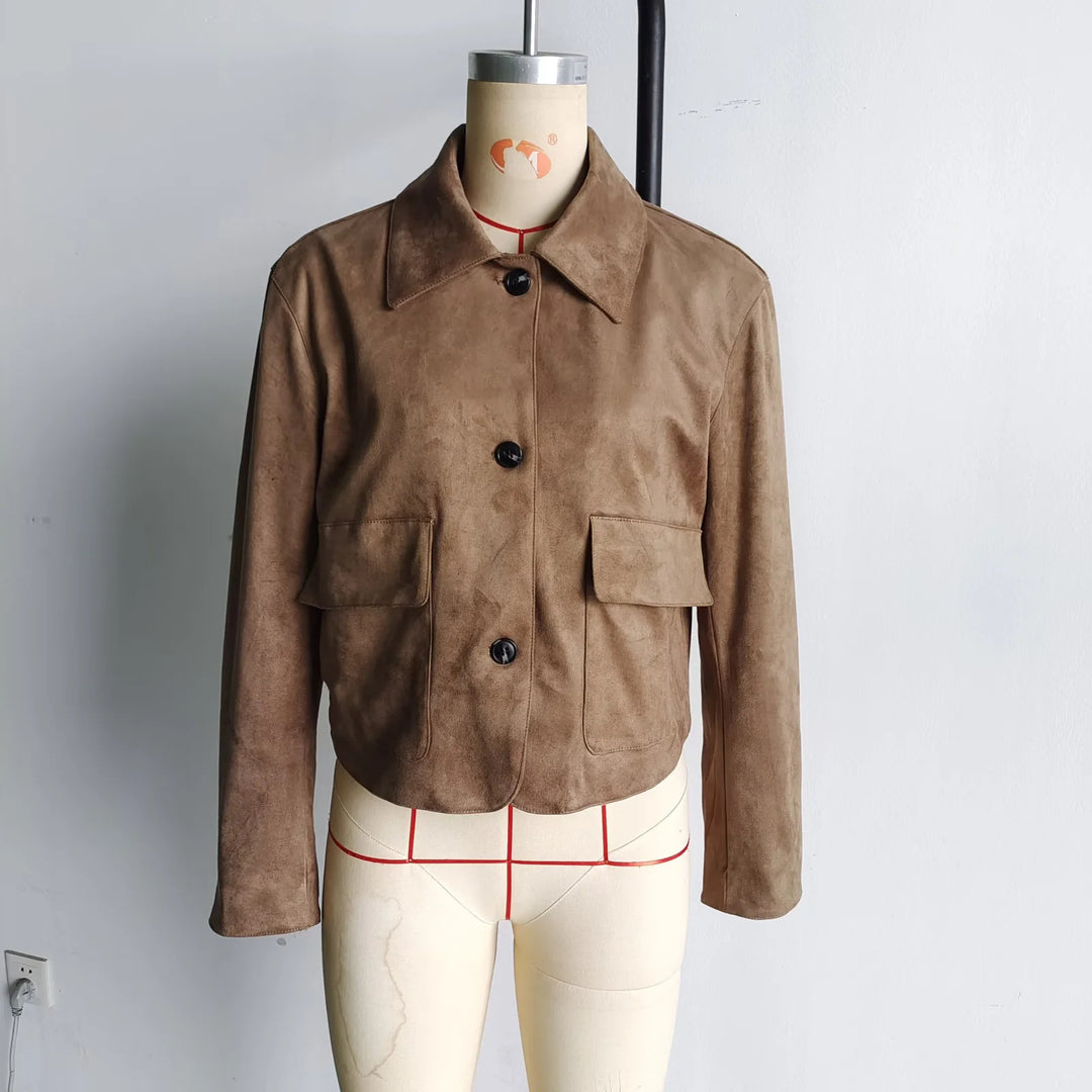 Damen modische Kurzjacke aus hochwertigem Wildlederimitat mit praktischen Taschen Drune
