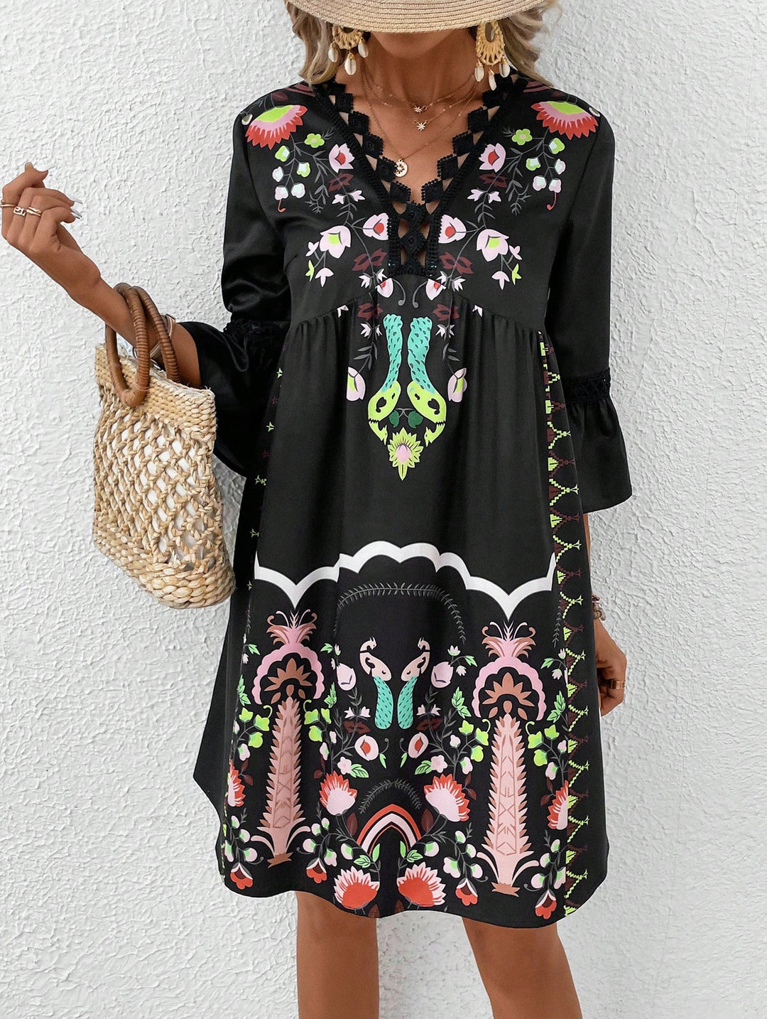 Damen Boho-inspiriertes Kleid mit verspielten Stickdetails und weich fließendem Schnitt Drune