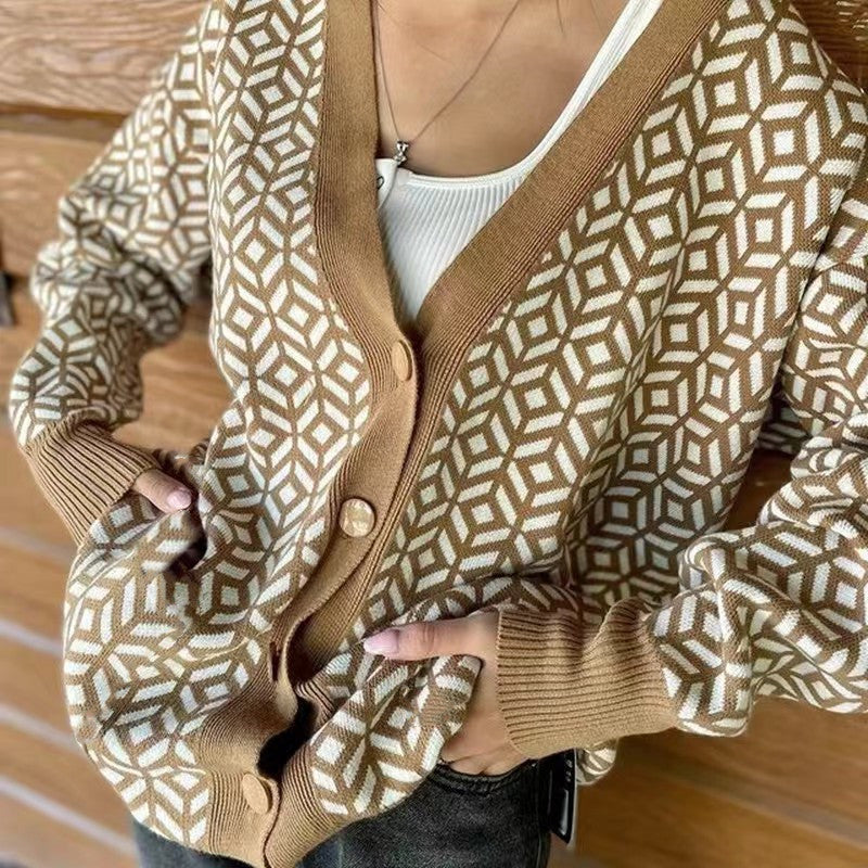 Damen Strick-Cardigan mit modernem geometrischen Muster und praktischen Taschen Drune