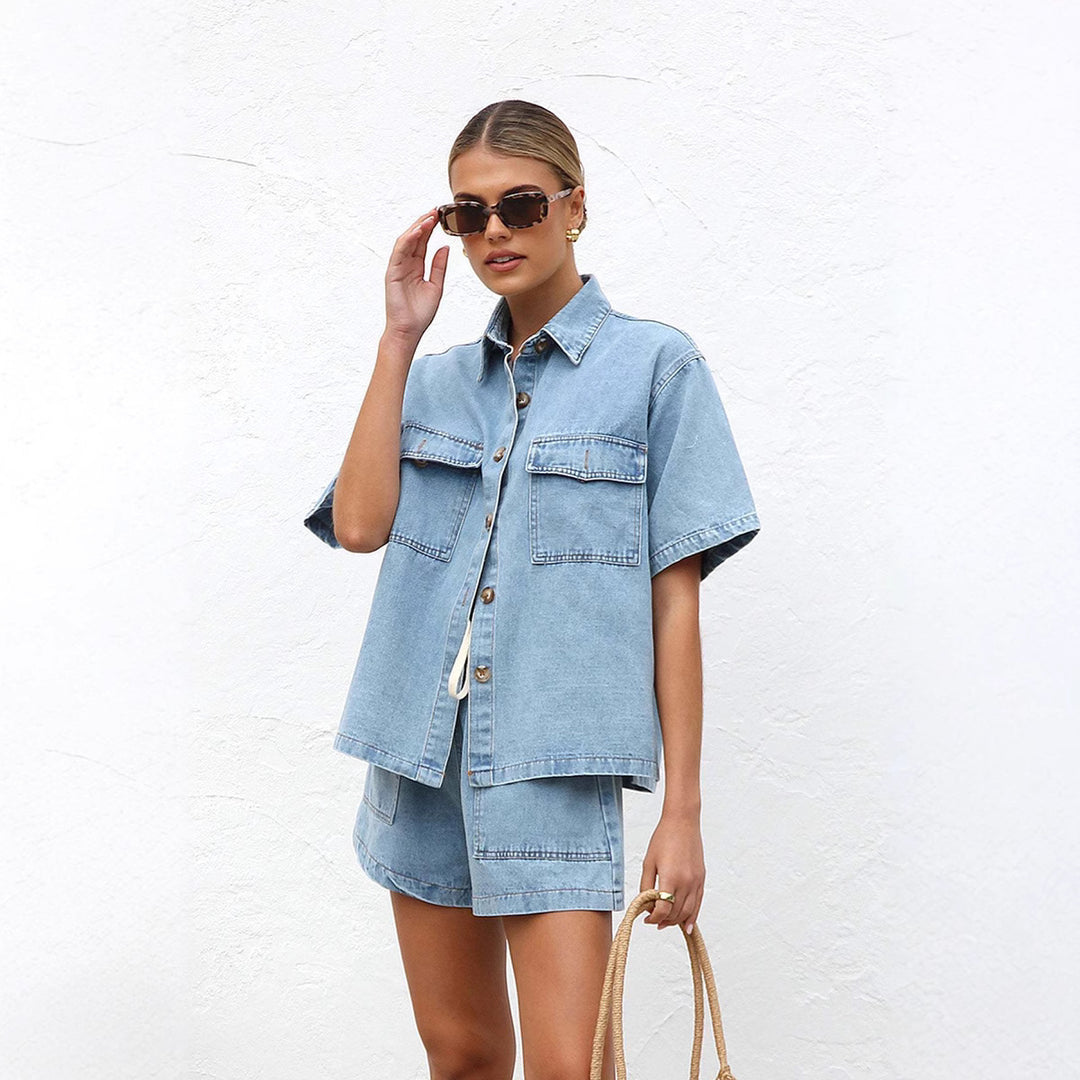 Damen Denim-Crop-Top und Shorts-Set mit praktischen Taschen und lässigem Schnitt Drune