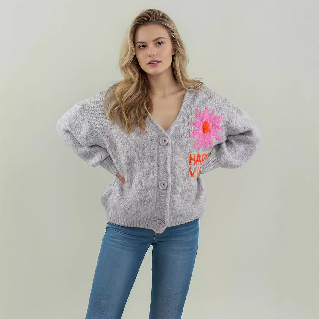 Damen verspielte Strickjacke mit buntem Blumenmotiv und großen Knöpfen Drune