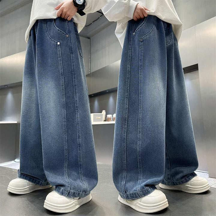 Damen lässige weite Denim-Hosen mit hohem Bund Drune