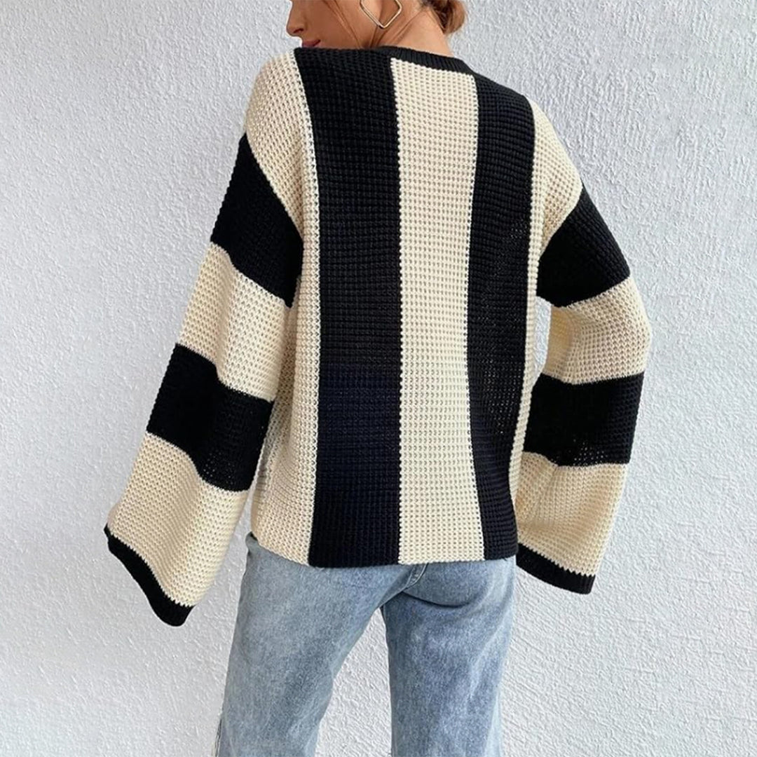 Damen lässiger Grobstrickpullover mit weitem Schnitt und Blockstreifen Drune