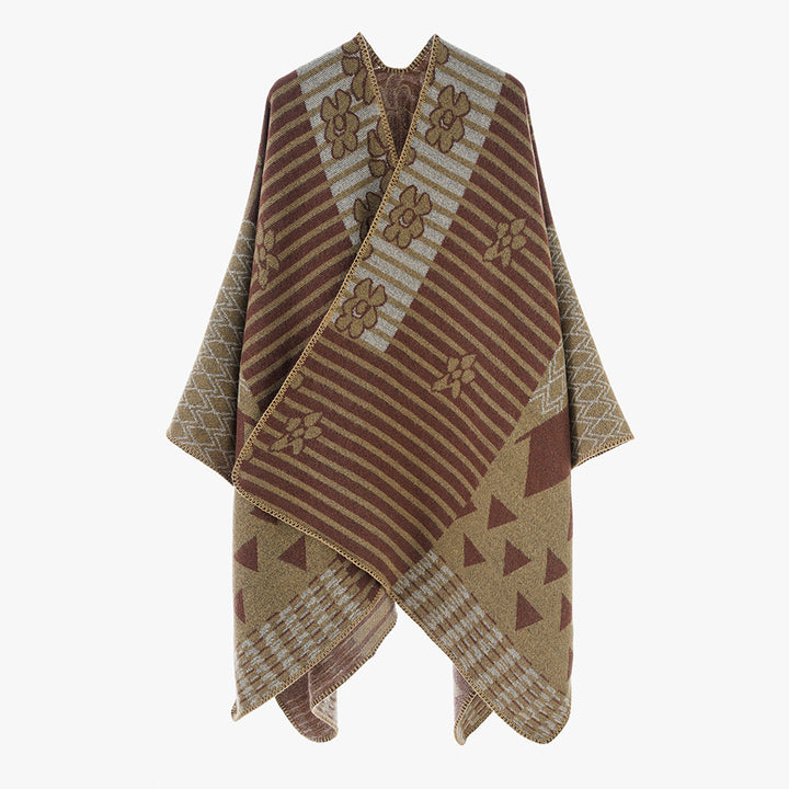 Damen Eleganter Poncho mit grafischem Muster und weichen Fransen Drune