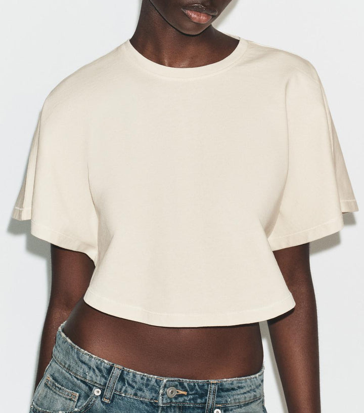 Damen cropped T-Shirt mit weit geschnittenen Ärmeln und weichem Baumwollmaterial Drune