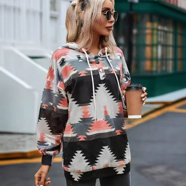 Damen Kapuzenpullover mit kreativem Farbmuster und praktischen Knöpfen Drune