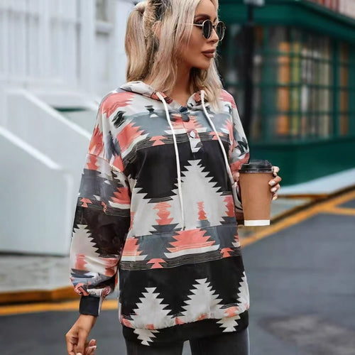 Damen Kapuzenpullover mit kreativem Farbmuster und praktischen Knöpfen Drune