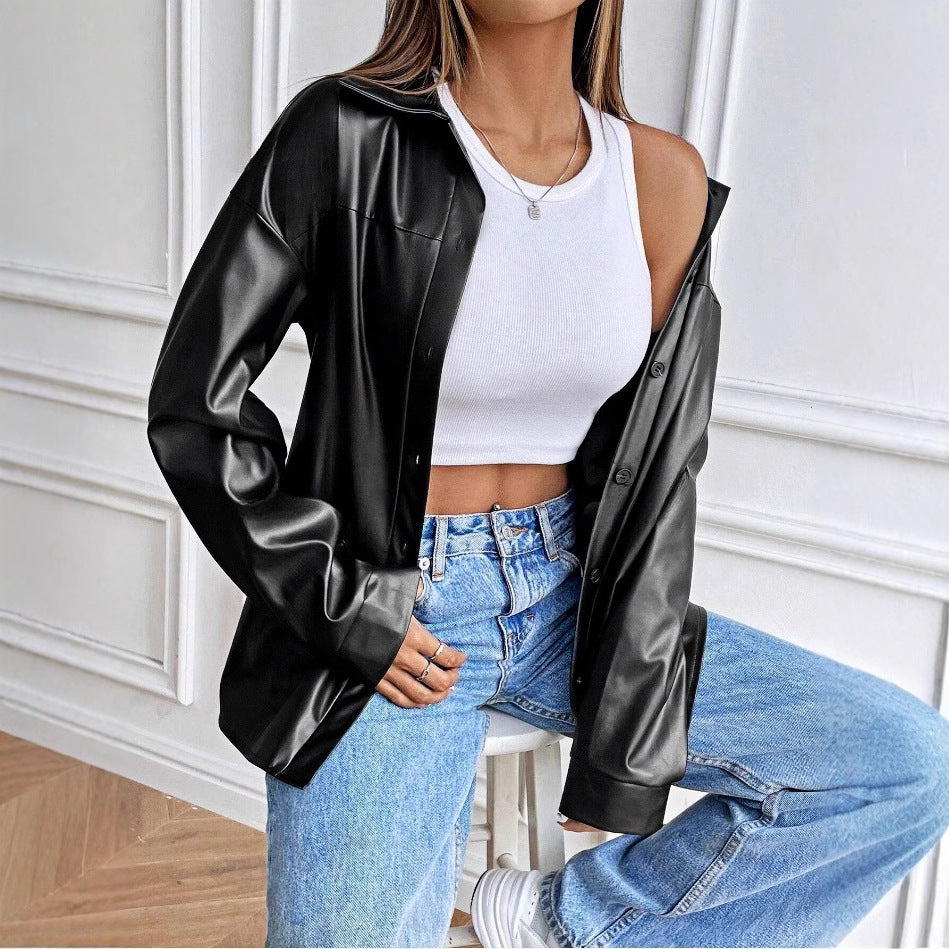 Damen modische Kunstlederjacke im schicken Oversized-Stil Drune
