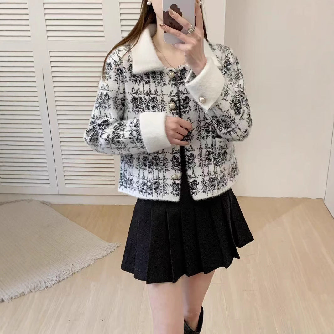 Damen Stylische Strickjacke mit Perlenknöpfen und kragen Drune