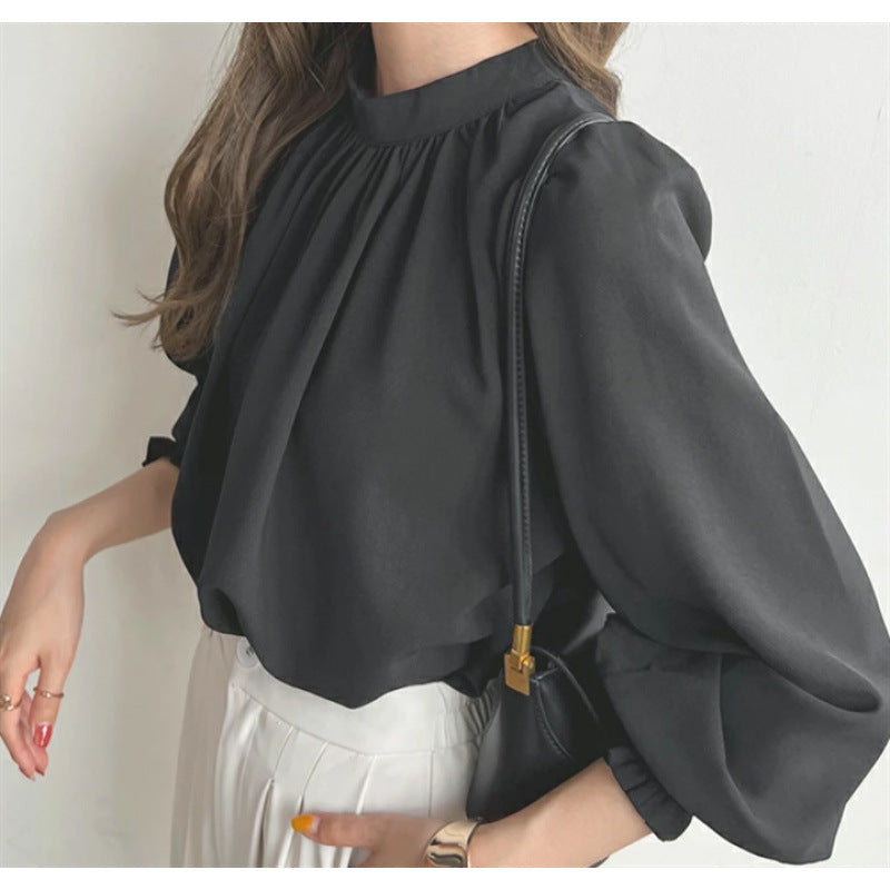Damen elegante Bluse mit voluminösen Ärmeln und Stehkragen Drune