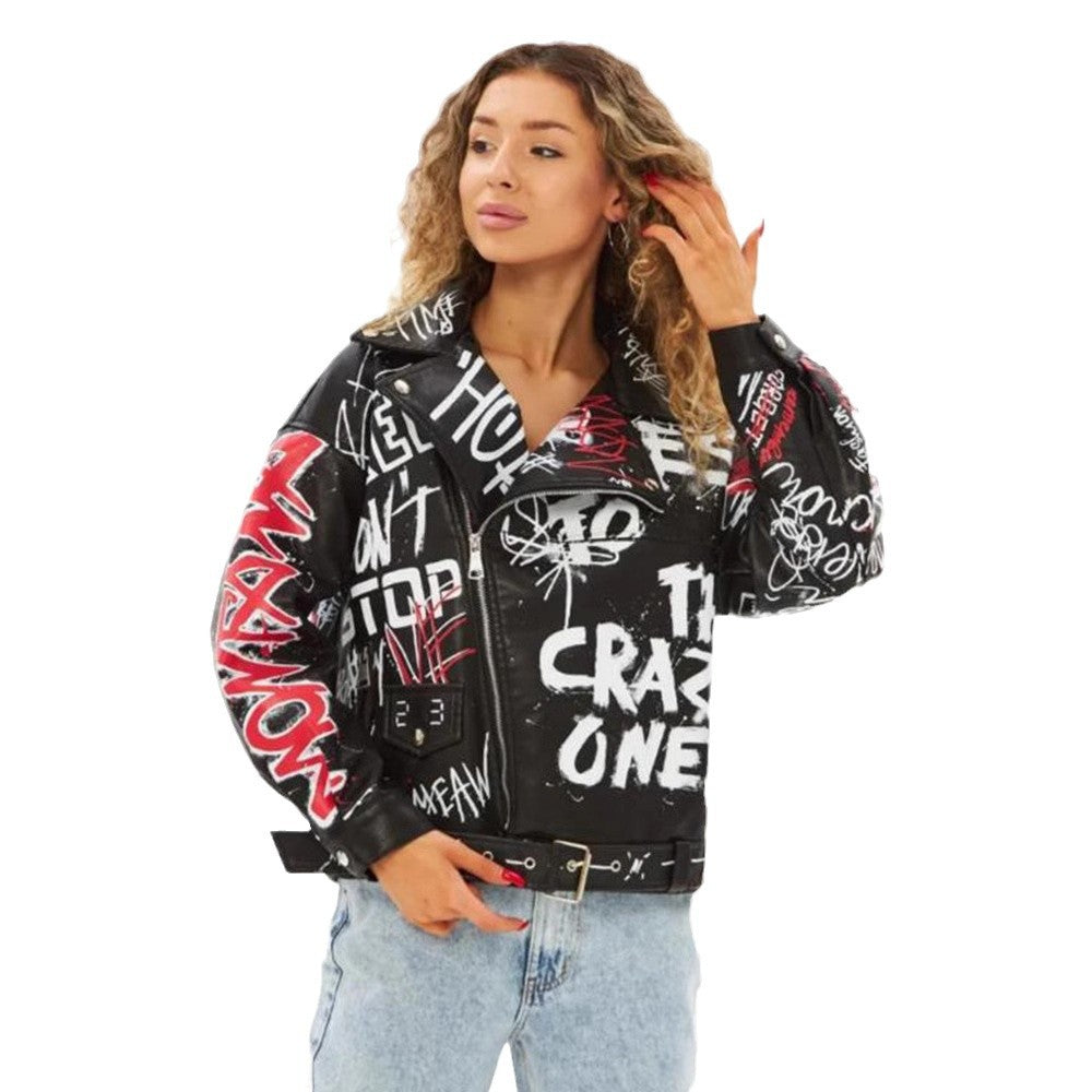 Damen Kunstlederjacke im Graffiti-Stil Drune