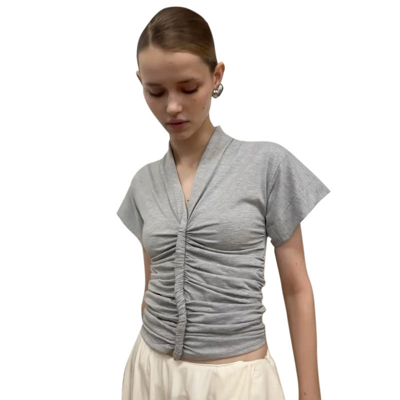 Damen elegantes Kurzarmoberteil mit figurbetonter Raffung Drune
